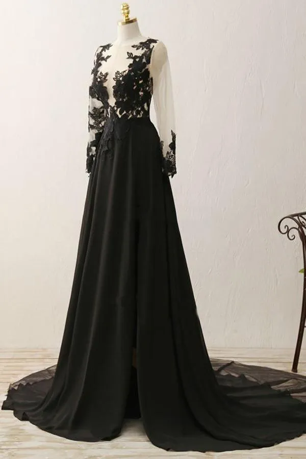 A-line Appliques Black Long Sleeves Prom Dress Evening Gown PG320