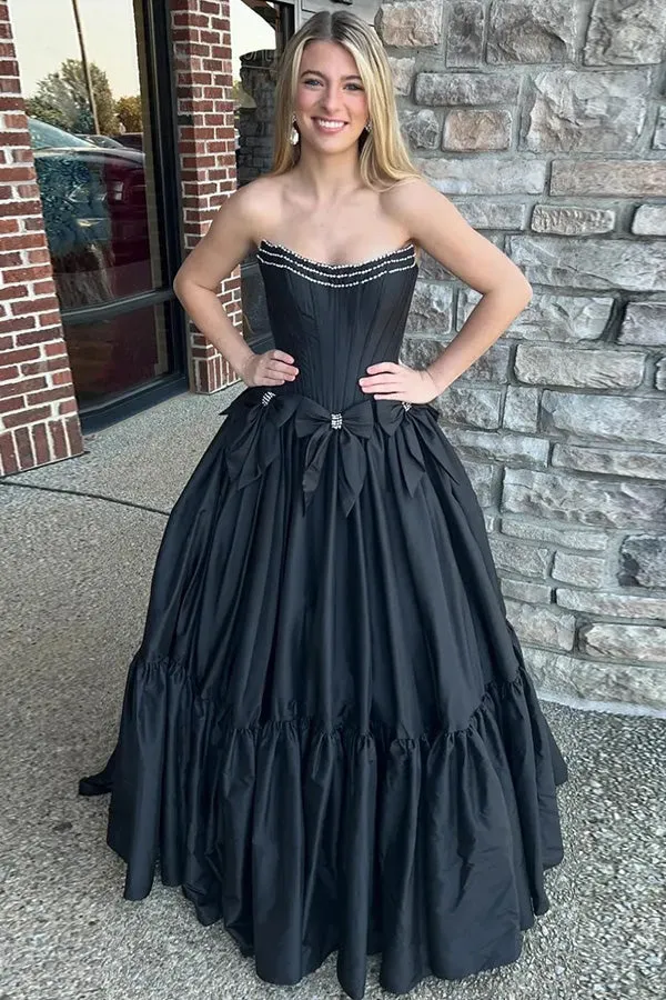 A-Line Beaded Strapless Corset Black Prom Dress with Bows PSK572