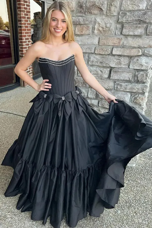 A-Line Beaded Strapless Corset Black Prom Dress with Bows PSK572