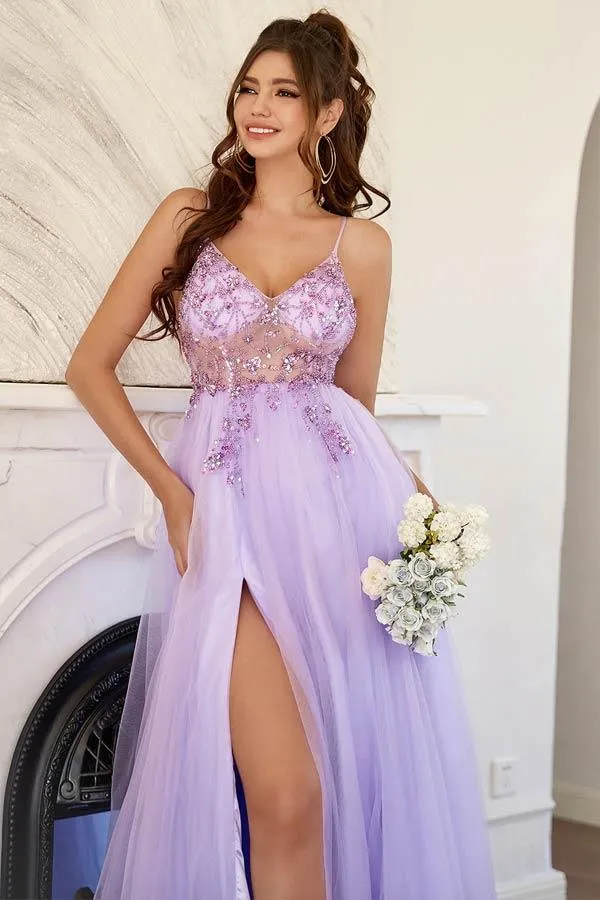 A-Line Lilac Tulle Split Long Prom Formal Dress With Beading PSK324