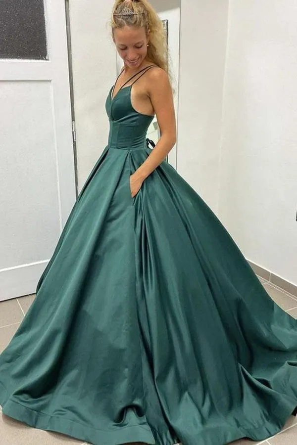 A-line Straps Simple Prom Dress Satin Formal Dress WIth Pockets  PSK261