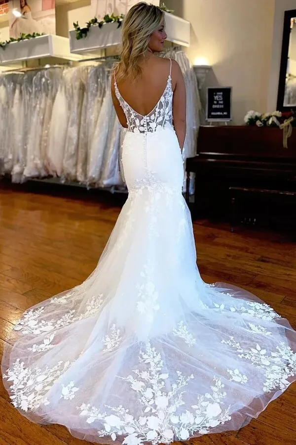 Beautiful Mermaid Satin Lace Wedding Dresses Bridal Gown With Side Slit WD630