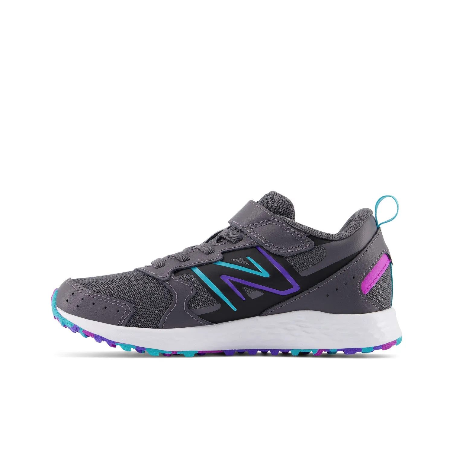 Big & Little Kid's New Balance Fresh Foam 650 Bungee Lace with Top Strap Color: Magnet with Electric Indigo and Cosmic Rose