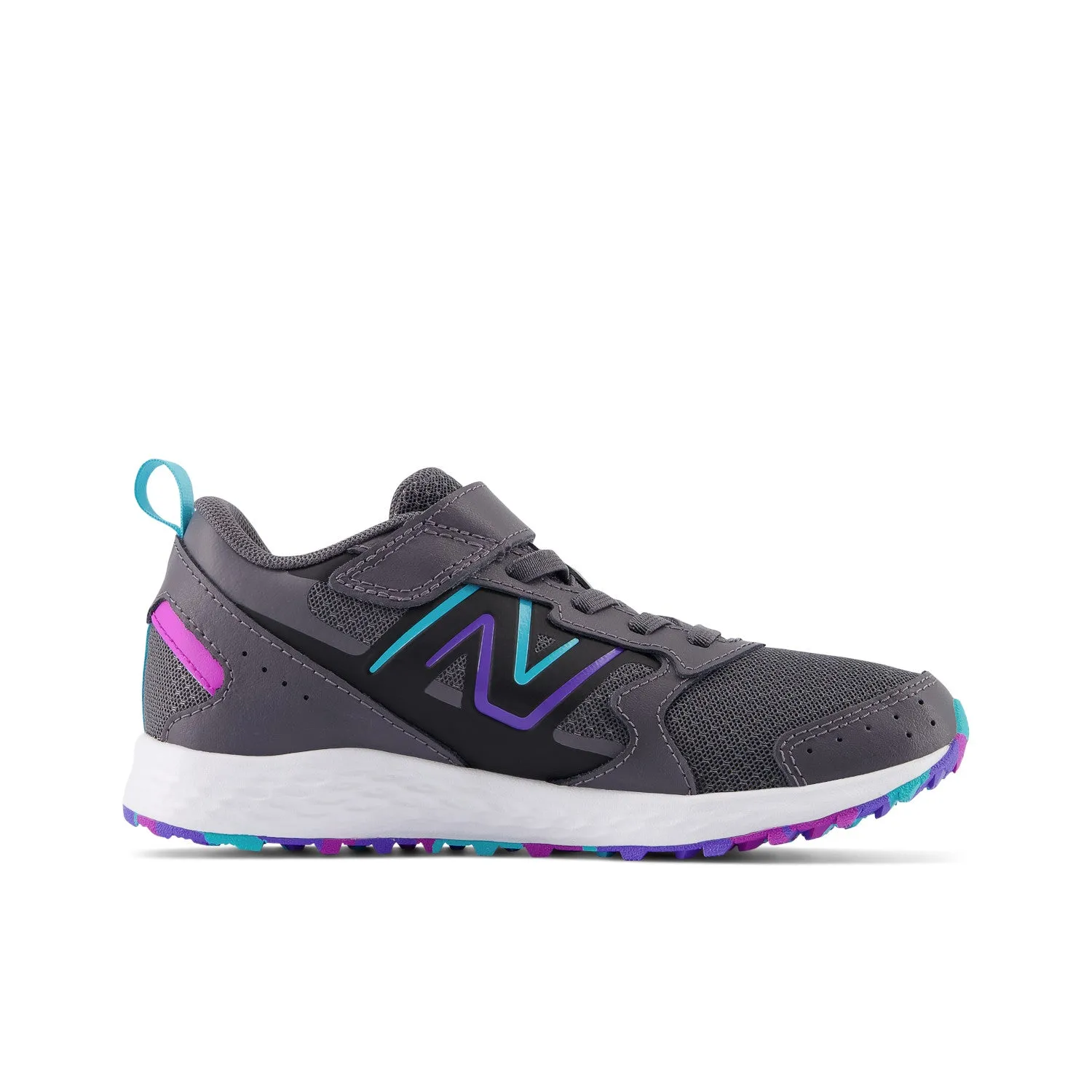 Big & Little Kid's New Balance Fresh Foam 650 Bungee Lace with Top Strap Color: Magnet with Electric Indigo and Cosmic Rose