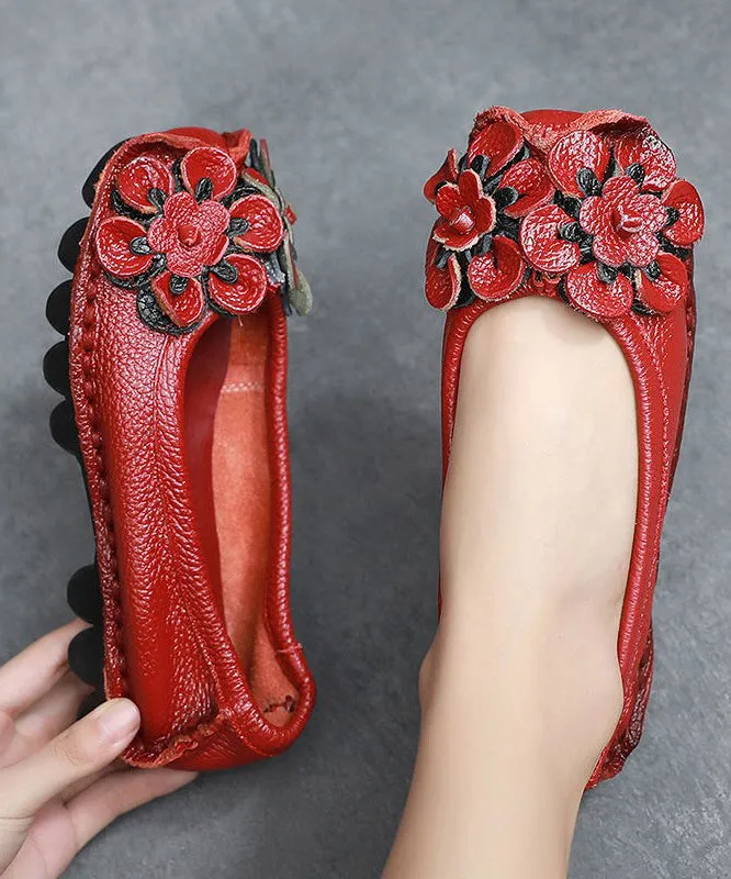 Black Cowhide Leather Splicing Floral Flat Shoes For Women