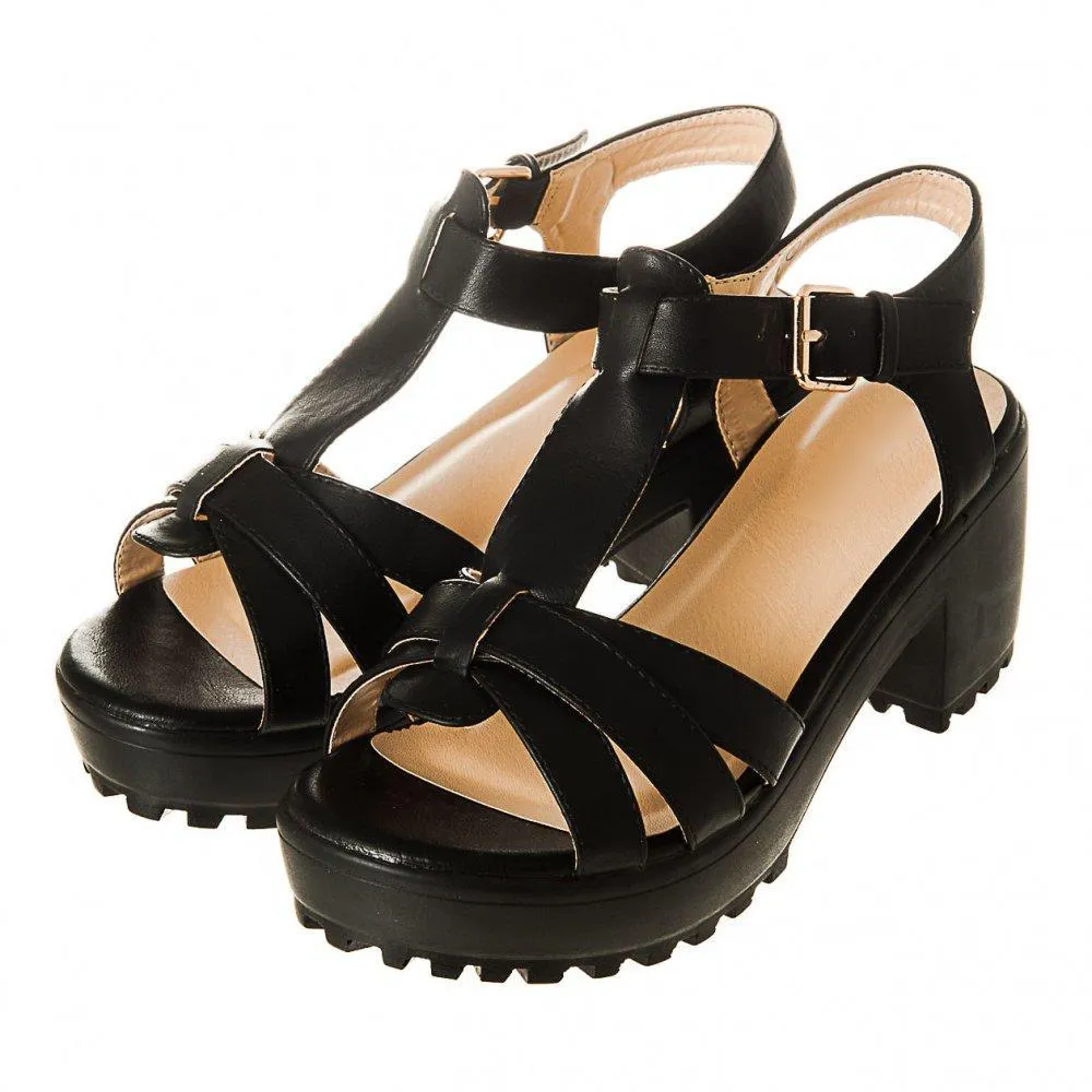 Chunky Ankle Strap Platform Cleated Sole T-Bar Sandal