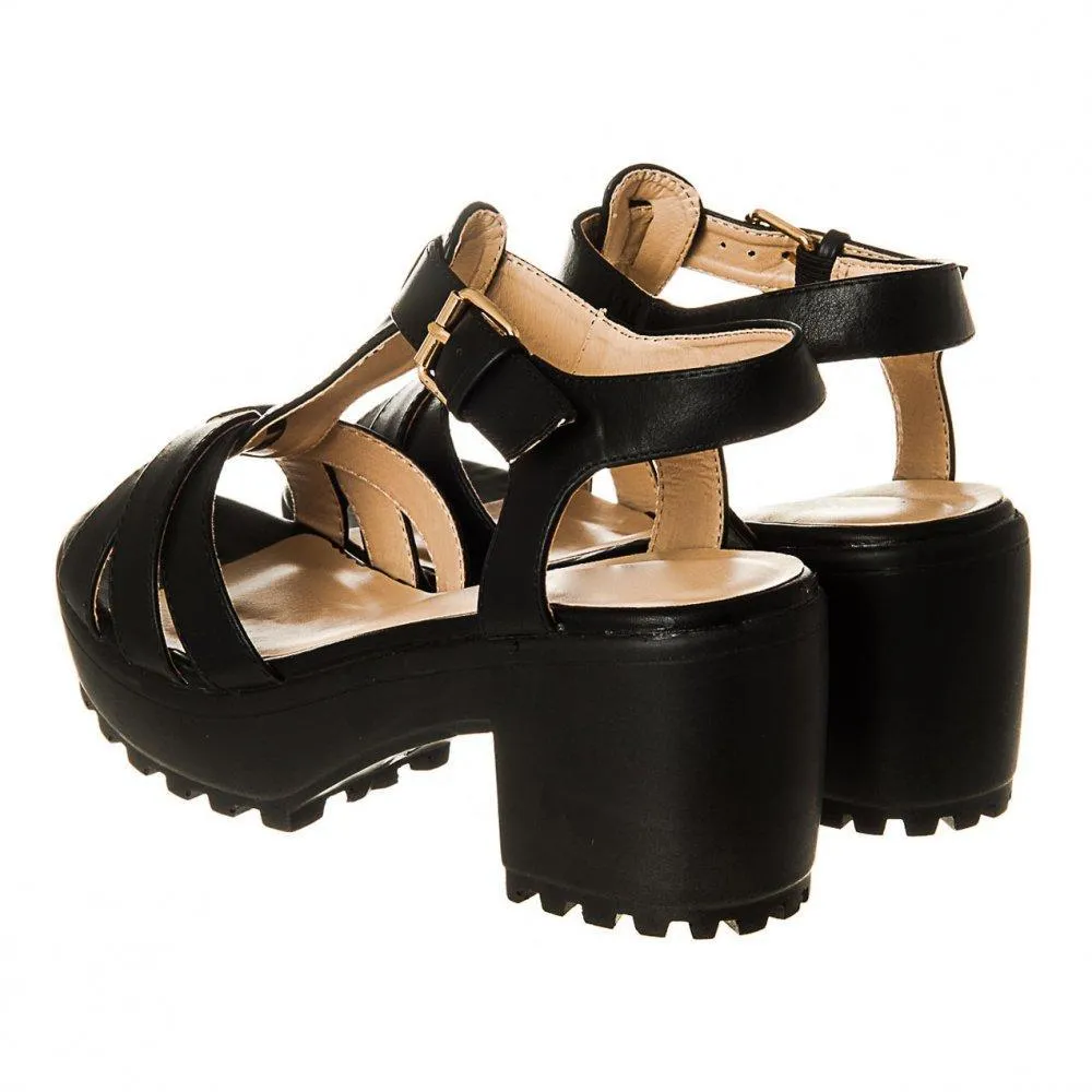 Chunky Ankle Strap Platform Cleated Sole T-Bar Sandal