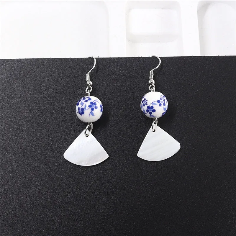 Ethnic style earrings blue and white porcelain printed ceramic fan-shaped shell earrings female long