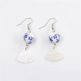 Ethnic style earrings blue and white porcelain printed ceramic fan-shaped shell earrings female long