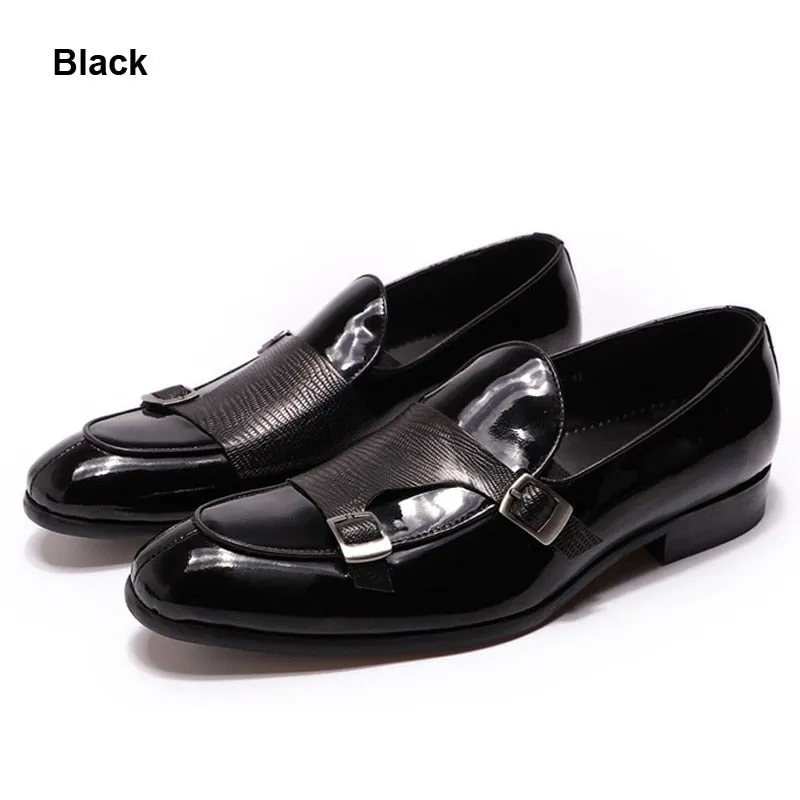 Hnzxzm Brand Patent Leather Mens Loafers Wedding Party Dress Shoes Black Green Monk Strap Casual Fashion Men Slip On Shoes