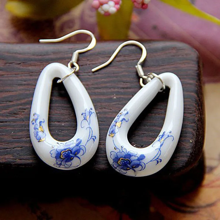 Jingdezhen ceramic traditional handmade earrings creative blue and white fashion earrings simple earrings