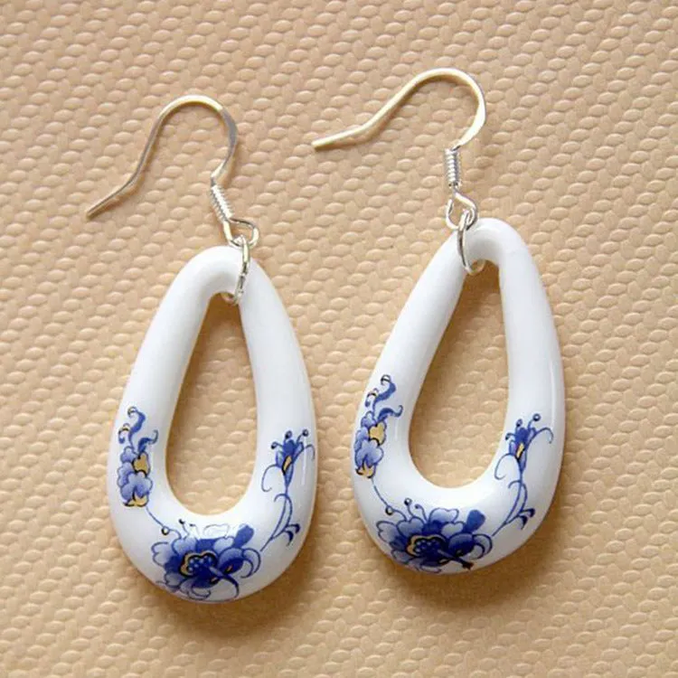 Jingdezhen ceramic traditional handmade earrings creative blue and white fashion earrings simple earrings