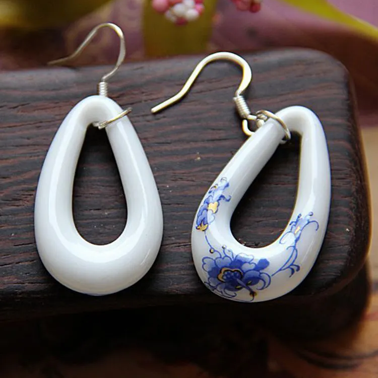 Jingdezhen ceramic traditional handmade earrings creative blue and white fashion earrings simple earrings