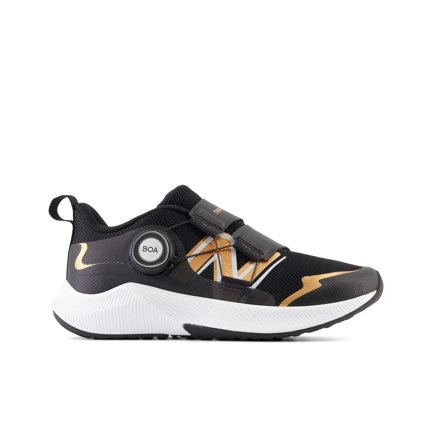 Little Kid's New Balance DynaSoft Reveal v4 BOA Color: Black with Copper Metallic & Silver Metallic