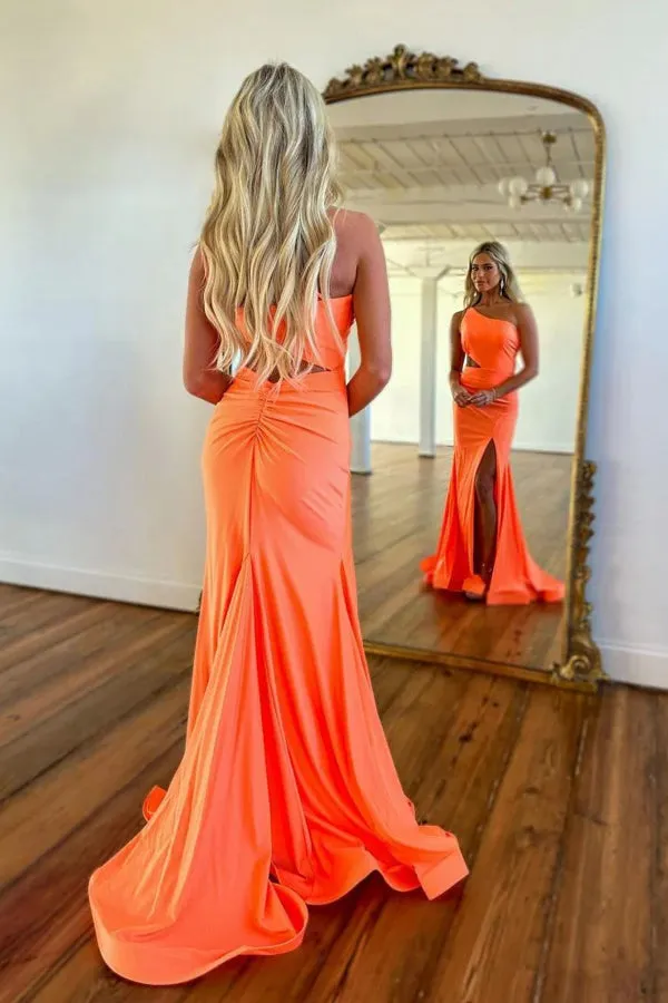 Mermaid One Shoulder Orange Prom Evening Dress With Split  PSK445