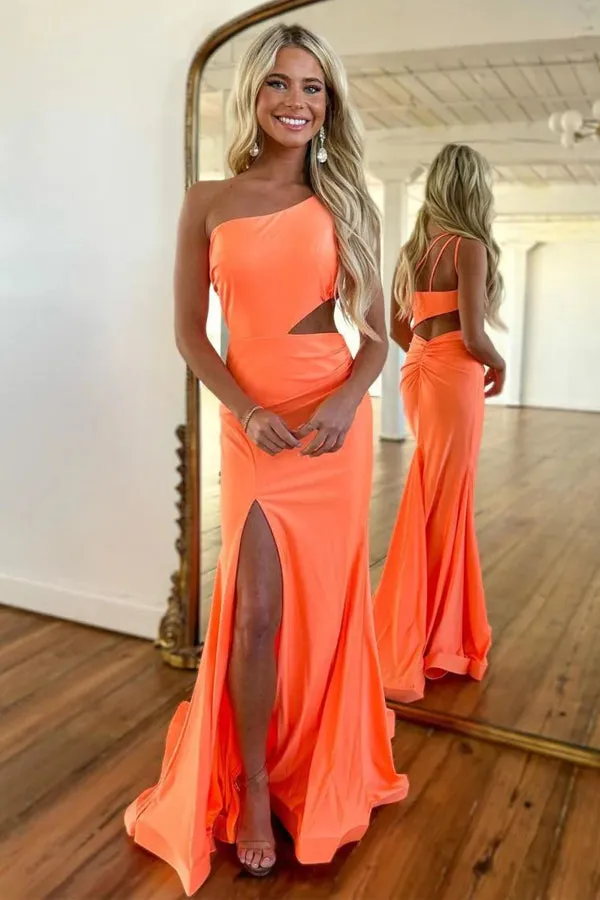 Mermaid One Shoulder Orange Prom Evening Dress With Split  PSK445