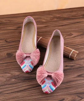 Retro Pink Embroideried Tassel Cotton Fabric Flat Shoes For Women