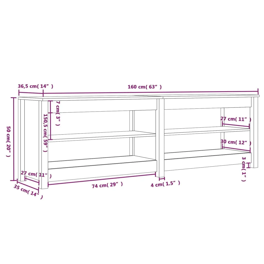 Shoe Bench Black 160x36.5x50 cm Solid Wood Pine