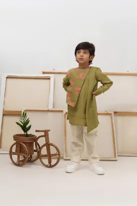 Space Unicorn- Green Chanderi Silk Hand Embroidered Asymmetrical Kurta & White Pants Set for Boys