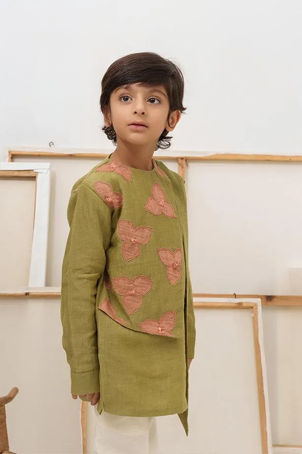 Space Unicorn- Green Chanderi Silk Hand Embroidered Asymmetrical Kurta & White Pants Set for Boys