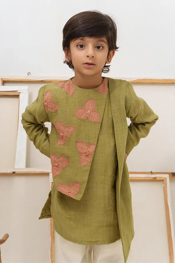 Space Unicorn- Green Chanderi Silk Hand Embroidered Asymmetrical Kurta & White Pants Set for Boys